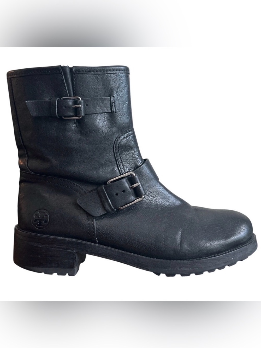 Tory Burch Chrystie Moto Boots Black Leather Buckle Lug Sole 8.5